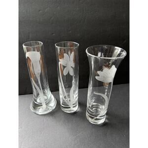 Qualia Glass Etched Bud Vase Clear Set (3) Bouquet Tulip Deco Modernist